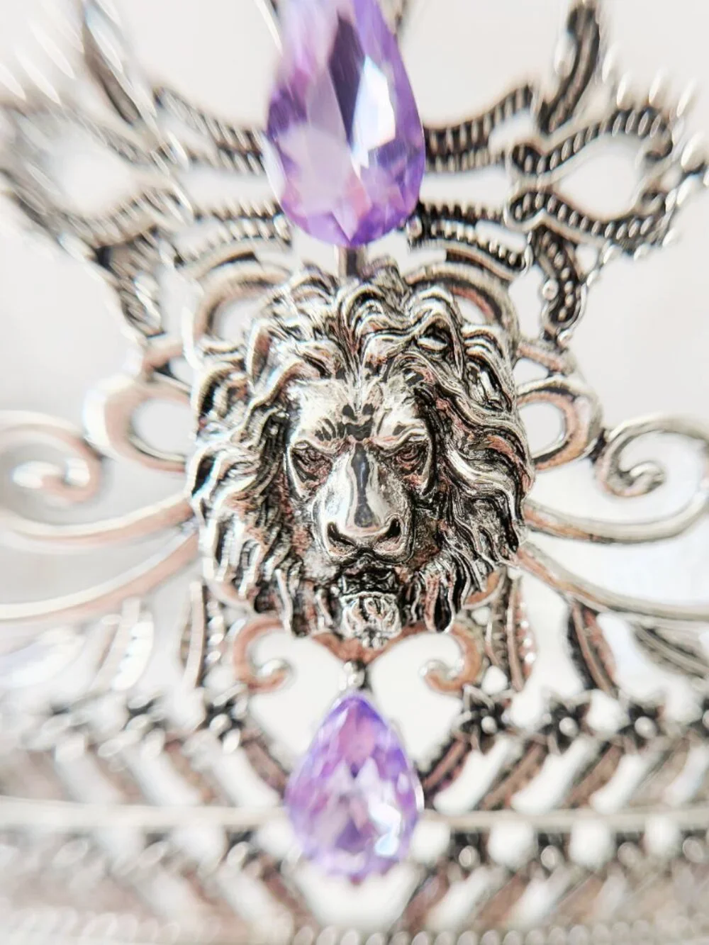 Silver Lion King Crown Purple Crystal Cross Medieval Royal Cosplay Wedding Prom